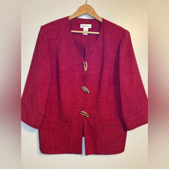 NWOT Anna Maxwell Red Textured Jacket w/ Wooden Buttons Plus Size 16WP - Picture 2 of 16